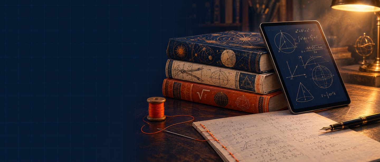 A desk with Cambridge past-paper working, a tablet showing geometry, and an orange thread stitching the pages together